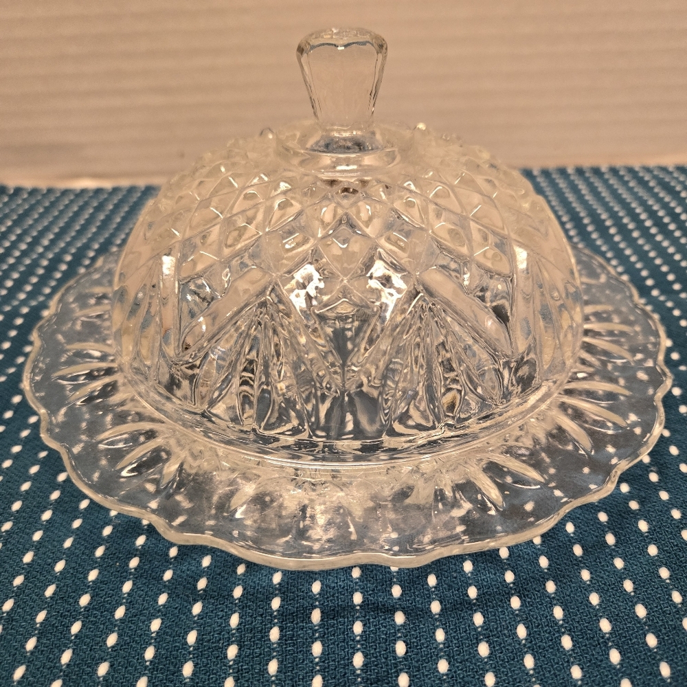 Vintage Anchor Hocking Clear Glass Round Domed Butter Dish  Prescut